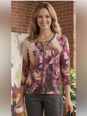 St. John Floral Zip Up Round Neck Cardigan